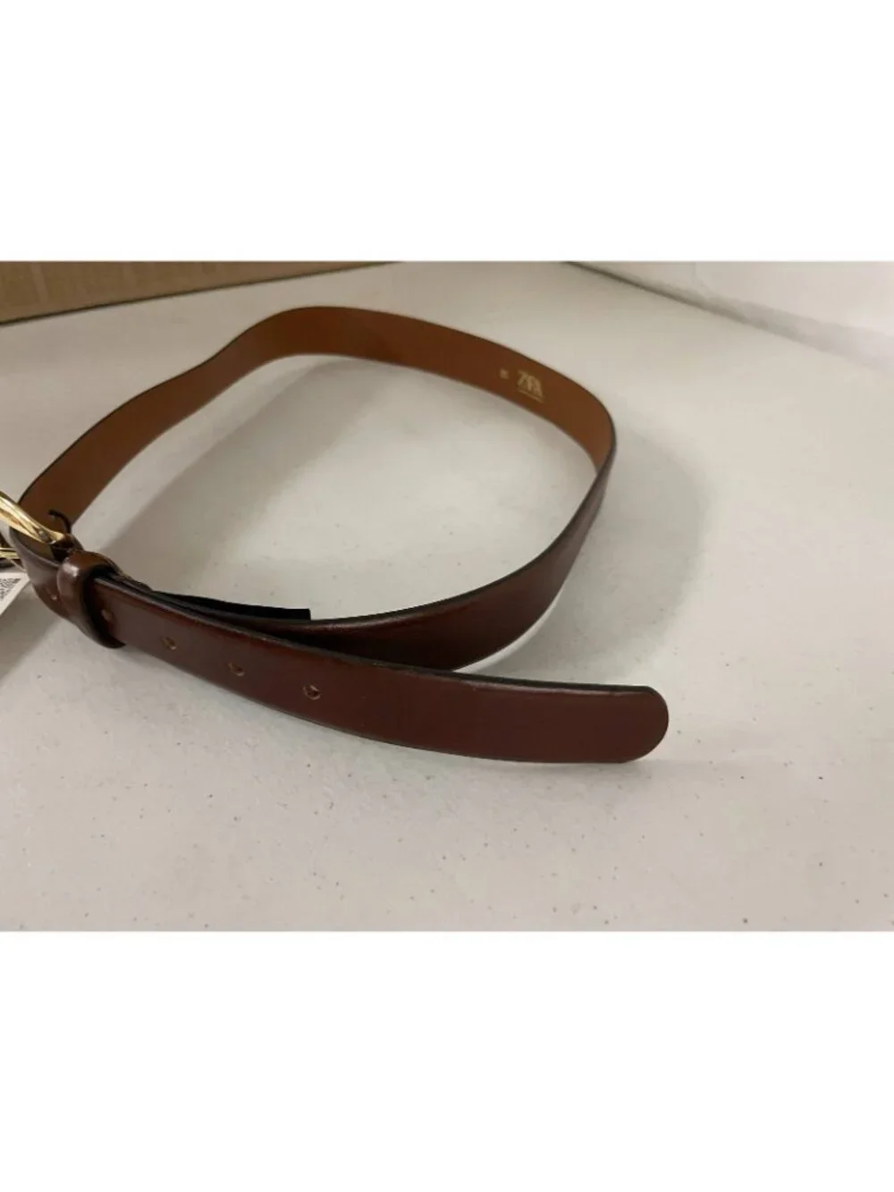 New Zara Brown Leather Belt EU 85 US 32 Gold Tone Buckle NWT